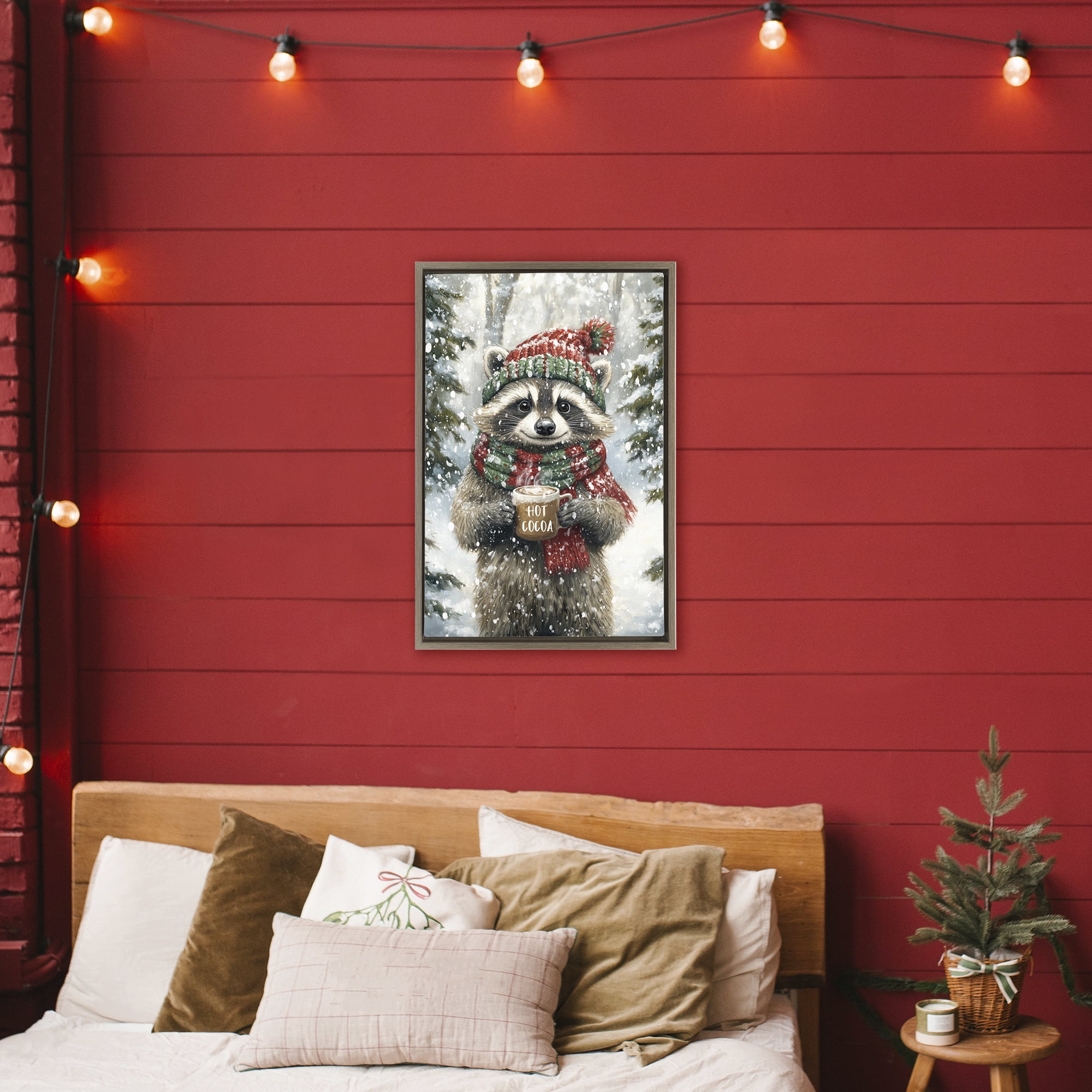 Stupell Industries Merry Cocoa Raccoon Brown Framed Floater Canvas Wall Art, design by Tina LeCour