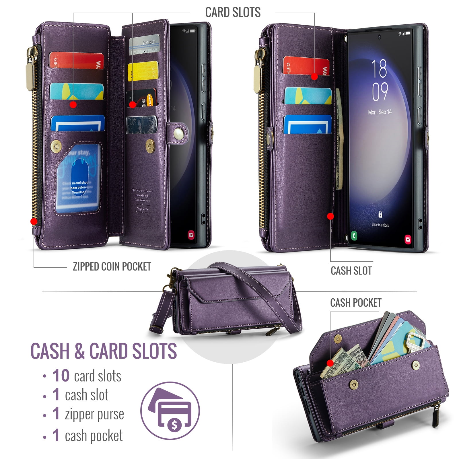 Compatible with Samsung Galaxy S23 Ultra 5G Zipper Wallet Phone Case Tempered Glass Screen Protector Crossbody Lanyard Strap Flip Card Holder Slot Cell Cover for S23Ultra 23S S 23 6.8 Women Purple