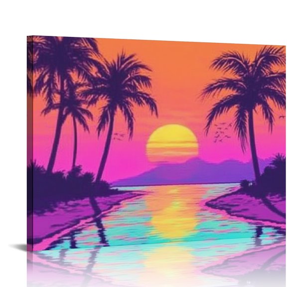 SHERONV Sunset Palm Trees Beach Canvas Prints Wall Art Decor 20x16in