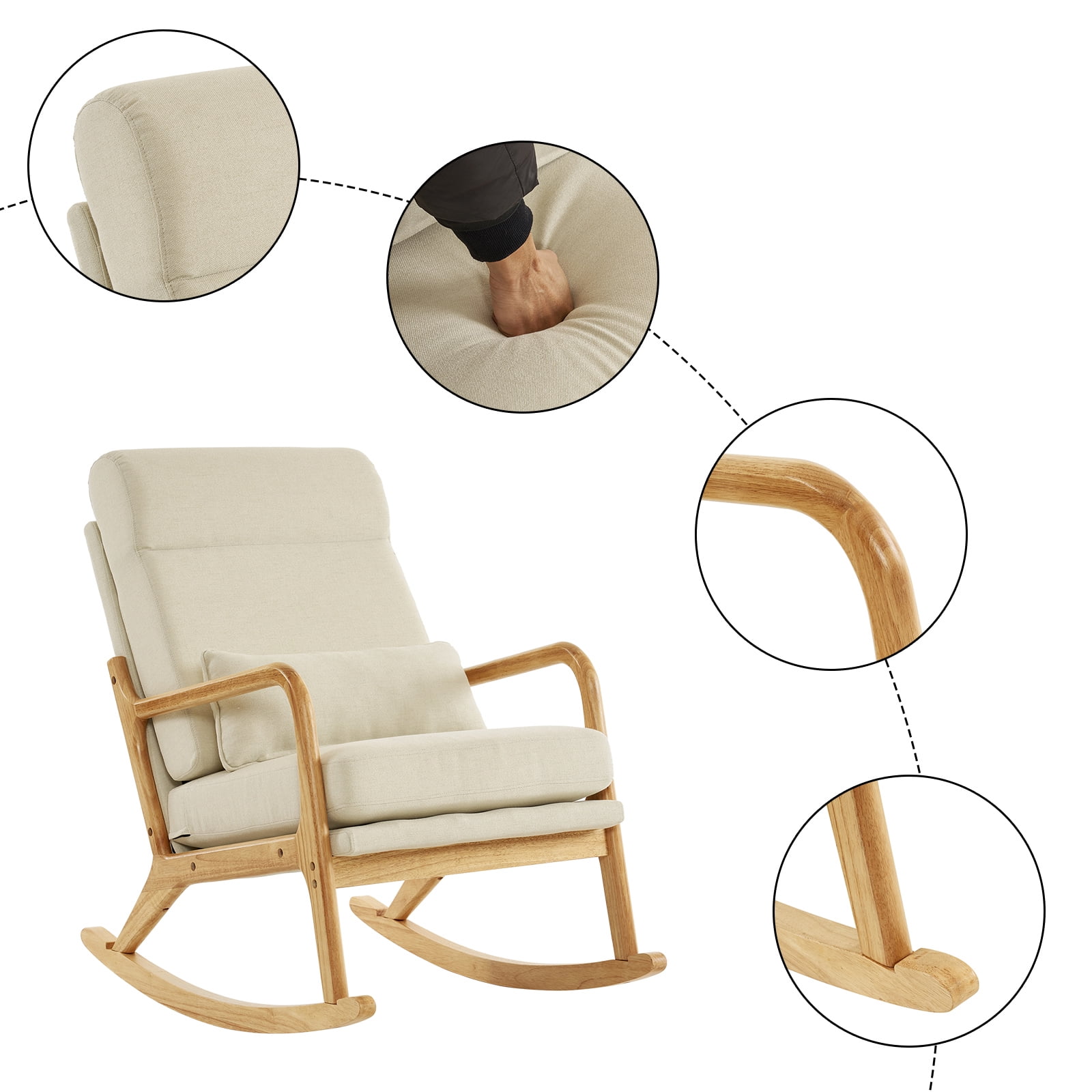 UWR-Nite Rocking Chair Nursery, 25.2" High Backrest Mid-Century Rocking Chair with Wooden Armrest Upholstered Glider Rocker with Free Lumbar Pillow for Living Room