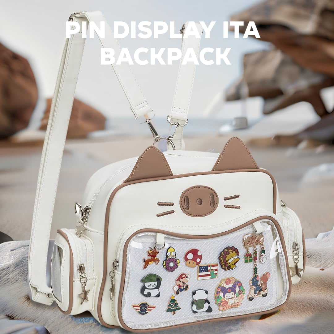 Kwuty Kawaii Ita Bag Backpack Crossbody Bag Cat Shoulder Bags Multi-Purpose Pin Display with Insert
