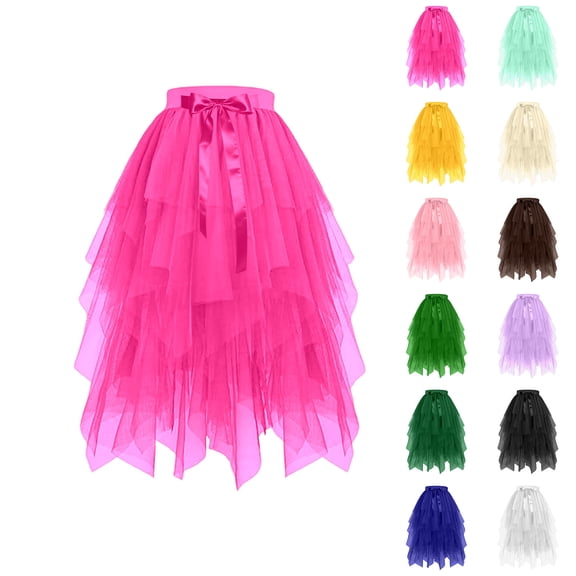 Women's Ruffled Tulle Midi Skirt High Waisted Satin Bow Irregular Hem Mesh Midi Skirts Stretchy Comfy Layered Party Outfits