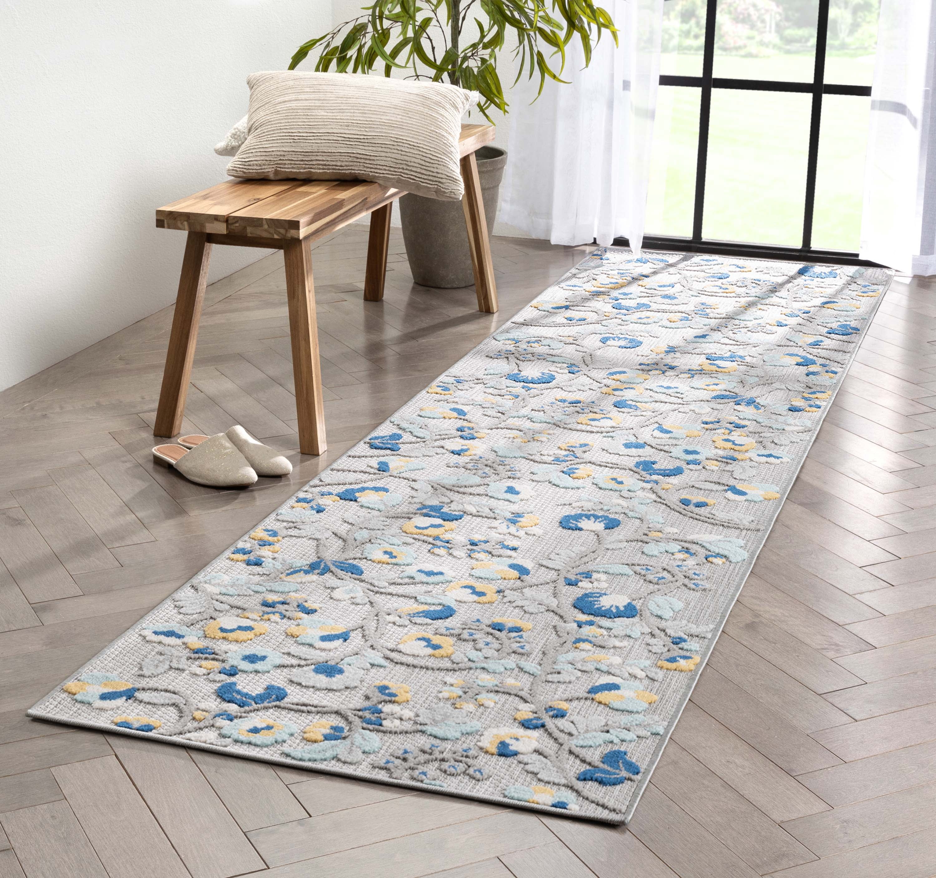 Well Woven Dorado Neveh Modern Floral Blue Indoor/Outdoor High-Low Pile 2'7" x 9'10" Runner Rug