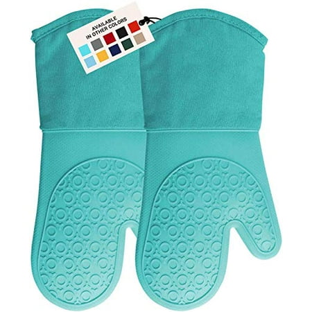 

HOMWE Extra Long Professional Silicone Oven Mitt Oven Mitts with Quilted Liner Heat Resistant Pot Holders Flexible Oven Gloves Turquoise 1 Pair 13.7 Inch