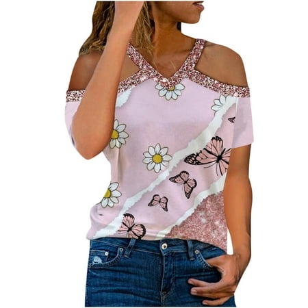 

Corset Top Maternity Shirts Fashion Women s Casual Butterfly Print V Neck Halter Off Shoulder Short Sleeve T-Shirt Top Womens Tank Tops Plus Size Tops for Women on Clearance Black Crop Top Pink S