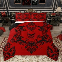 Homewish Baroque Floral Queen Comforter Set,Retro Victorian Gothic Skull Bedding Sets,Red Black Bedding Comforter Set For Adults,Microfiber Bedroom Decor Reversible,3pcs
