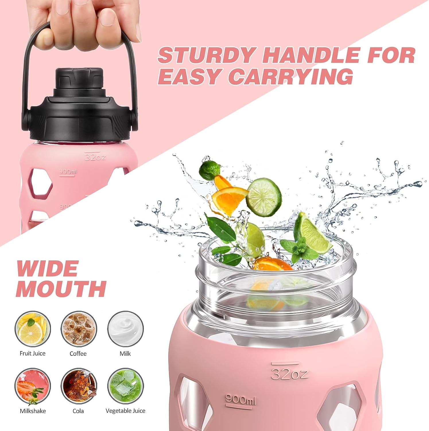 MUKOKO 32oz Glass Water Bottle, Glass Reusable Bottle with Silicone Sleeve and Straw, 1 Cup 2 Lids, Pink