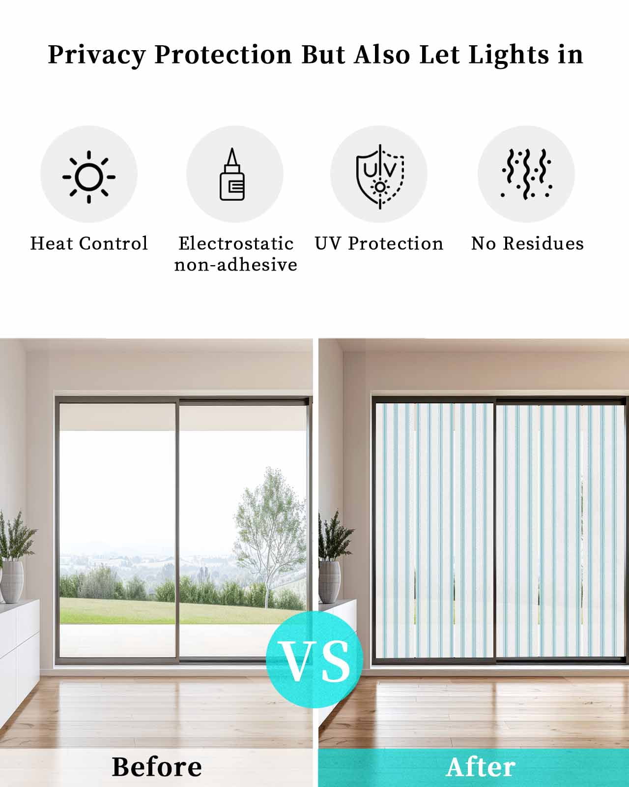Window Privacy Film,Bluish Green Stripes UV Sun Blocking Window Tint Film Heat Control One Way Blackout Window Film,Geometric Vertical Linens Modern Minimalism Non Adhesive Static Cling 19.6x39.3 In