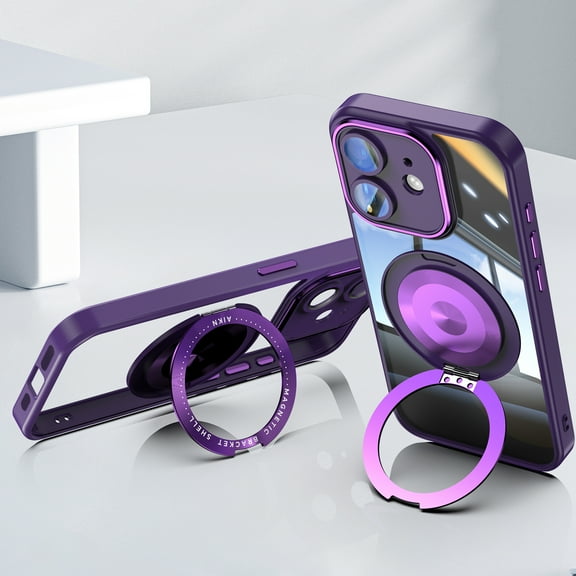 For iPhone 16 Pro Max Case with Tempered Glass Lens Protector, Ring Holder Kickstand Shockproof Drop Protection Scratch Resistant Anti-Yellow Clear Case Cover for Apple iPhone 16 Pro Max,Darkpurple