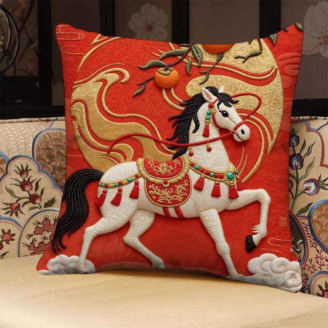 shyuyusa Housse de Coussin 45x45cm Année du Cheval, Housse de Coussin de Sofa Rouge Festive du Nouvel An