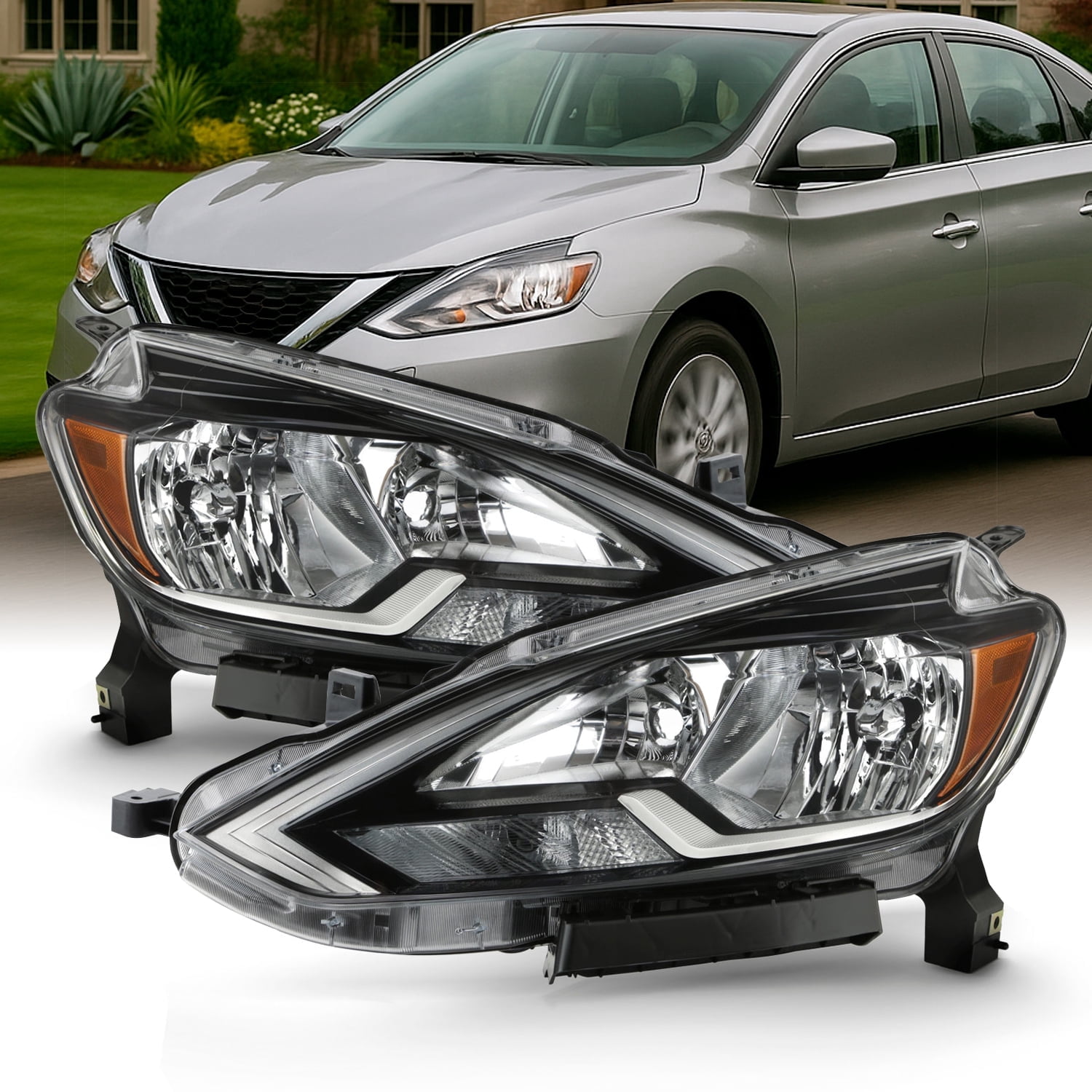 AKKON - Fits 2016 2017 2018 2019 Sentra [Halogen Type] Headlights w/ Chrome bezel Pair Headlamps Driver Left + Passenger Right