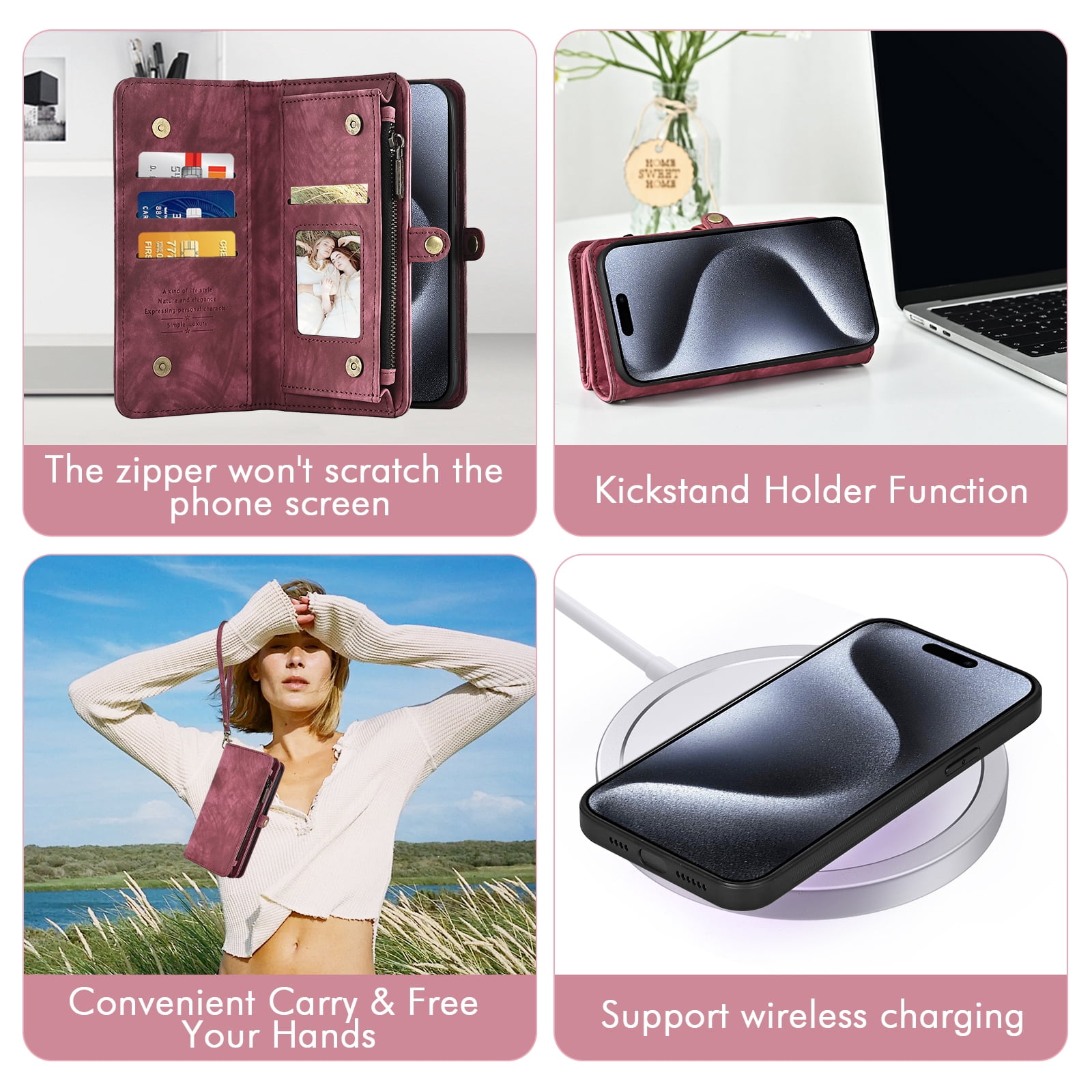 Asuwish Compatible with iPhone 16 Pro 6.3 inch Phone Case Zipper Wallet Detachable Tempered Glass Screen Protector Crossbody Strap Flip Card Holder Cell Cover for i Phone16 i16 16Pro Women Girls Red