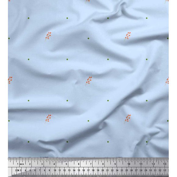 Soimoi Blue Cotton Duck Fabric Flower Buds & Dots Print Fabric by the Yard 42 Inch Wide