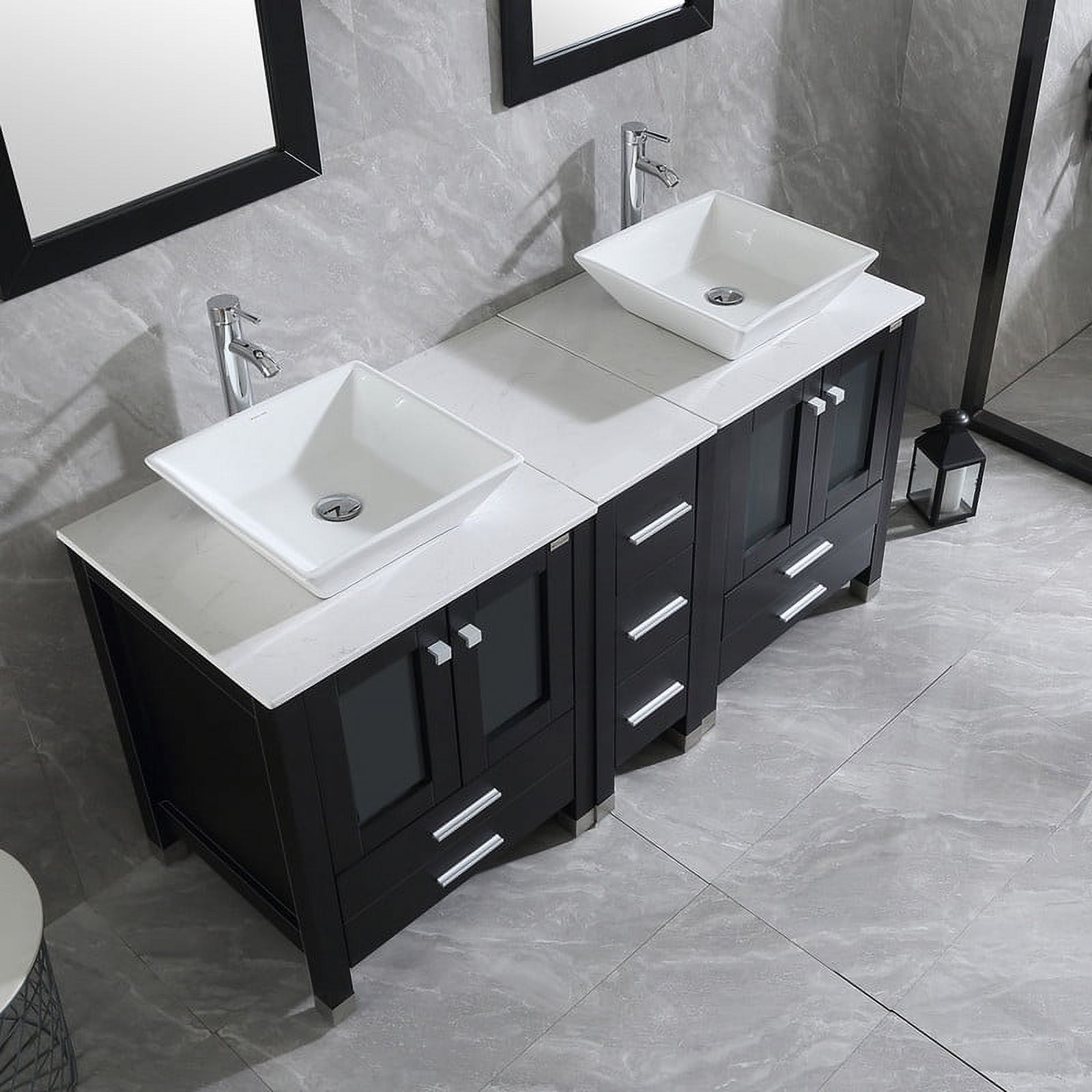 Walsport Bathroom Vanity,60" Stand Pedestal Bathroom Cabinet Top Square Ceramic Vessel Sink Faucet Drain Combo with Mirror Vanities Set,Black