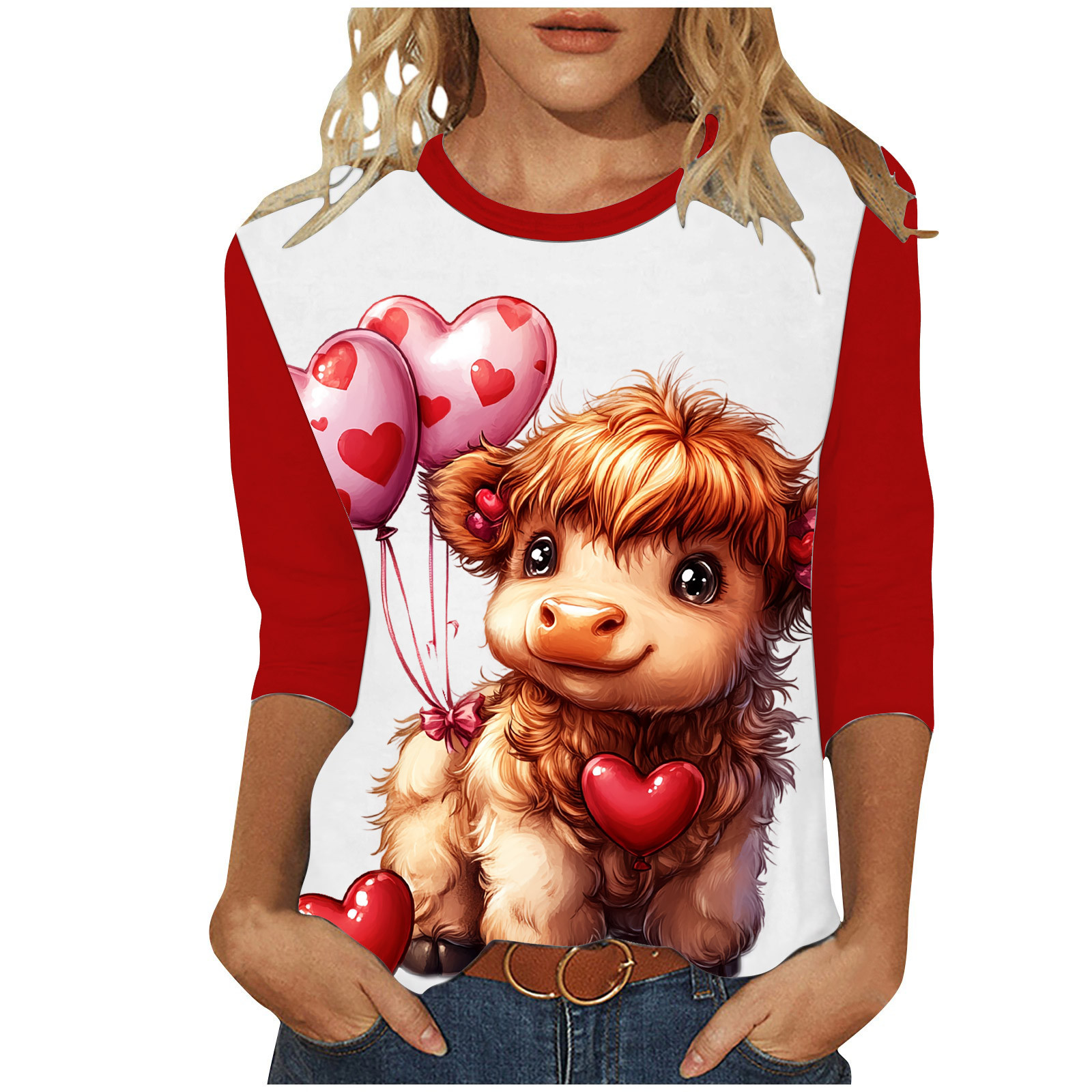 Dazajoo Prime Deals Valentine's Day 3/4 Sleeve Tops for Women Cute Cow