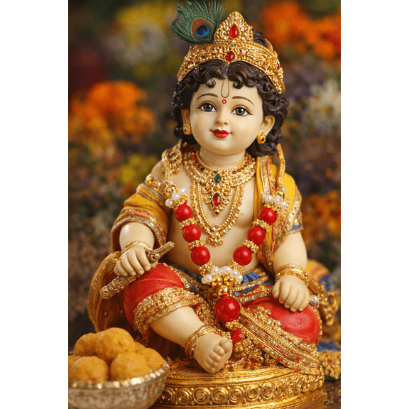 Set of 4 Mala Artificial Beads Ribbon Garland Small Idol Mala Pooja Sringar Article Ornament Indian Traditional Festival Diwali Decorations Home Decor for God Frame (Size:-2" Inches)(Red,Golden)