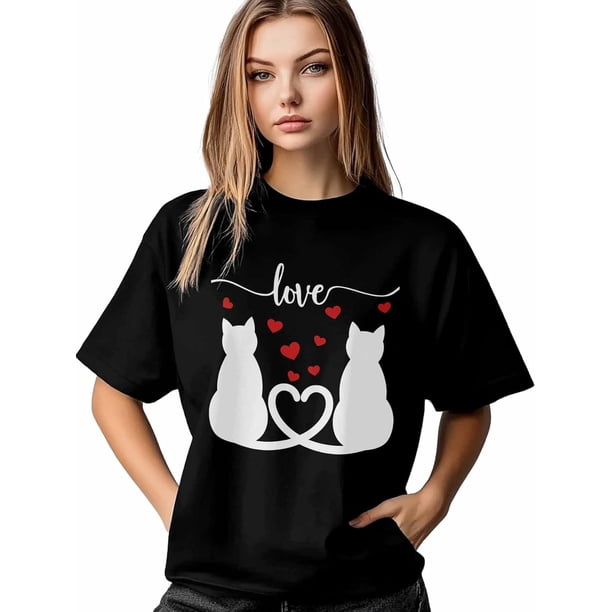 Camiseta de mujer con pareja de gatos, camisetas de manga corta, camisetas casuales, camiseta de cuello redondo con amor rojo para mujer