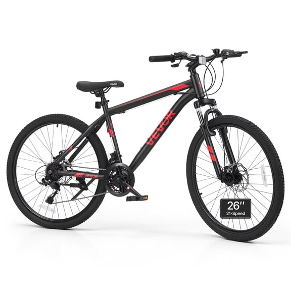 VEVOR Mountain Bike for Men and Women 26 inch Outdoor Bicycle 21 Speeds, Adult Bike, Front Suspension, Adjustable Saddle, All-Terrain Tires, High Carbon Steel Frame, Dual Disc Brake, Pre-Assembled