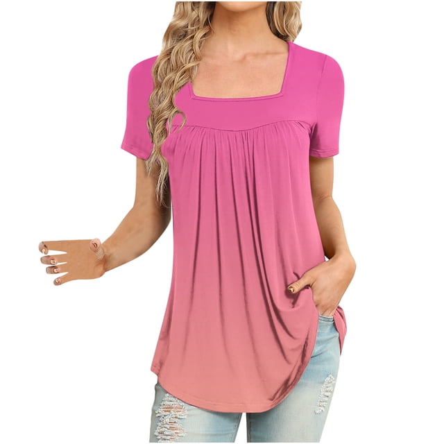 Jgppe Tunique pour Femmes Col Carré Doux Fluide Manches Courtes Blouses d'Été pour Femmes