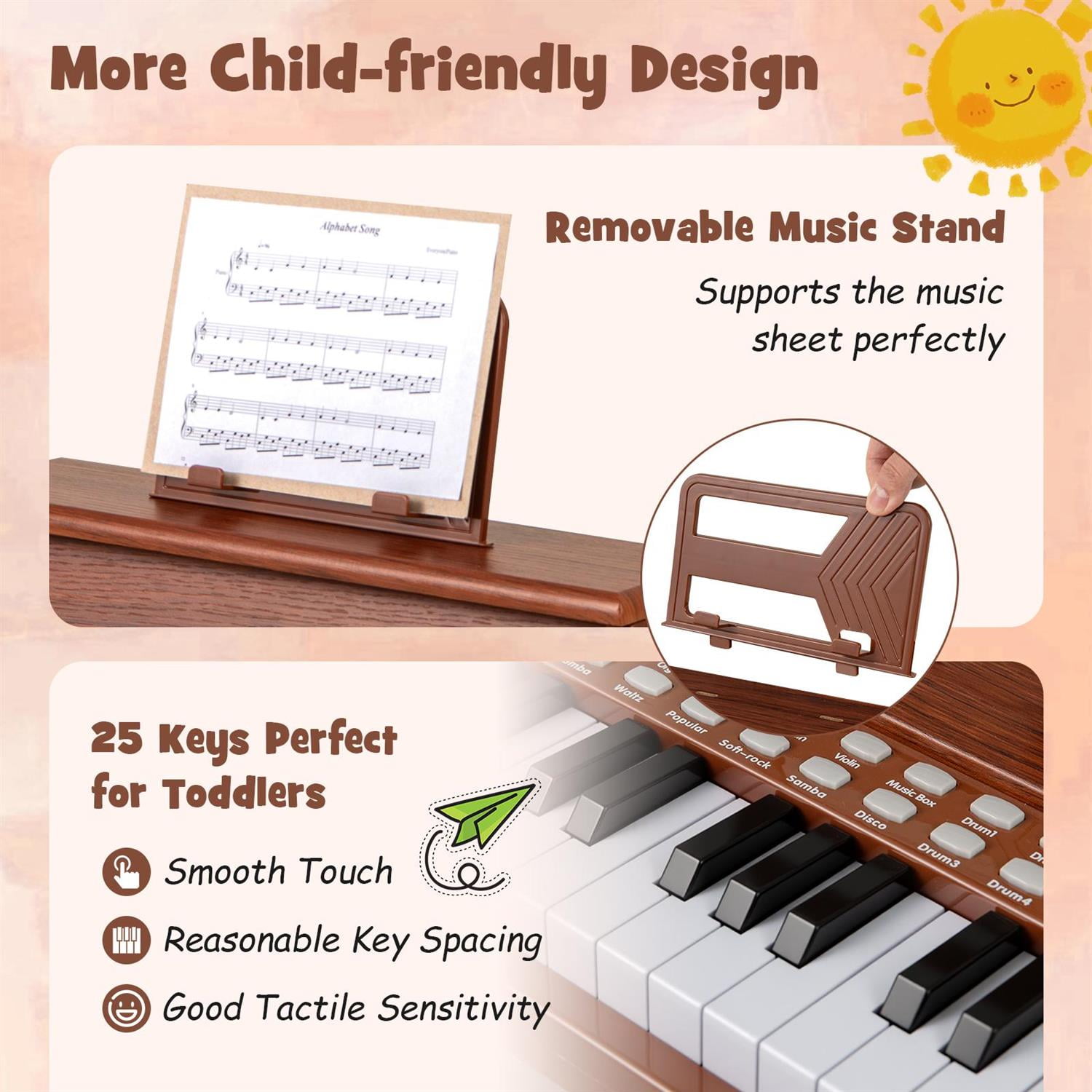 Demi Bonn Brown 25-Key Piano with Stool, Music Enlightenment, Adjustable Speed & Volume, Record/Playback