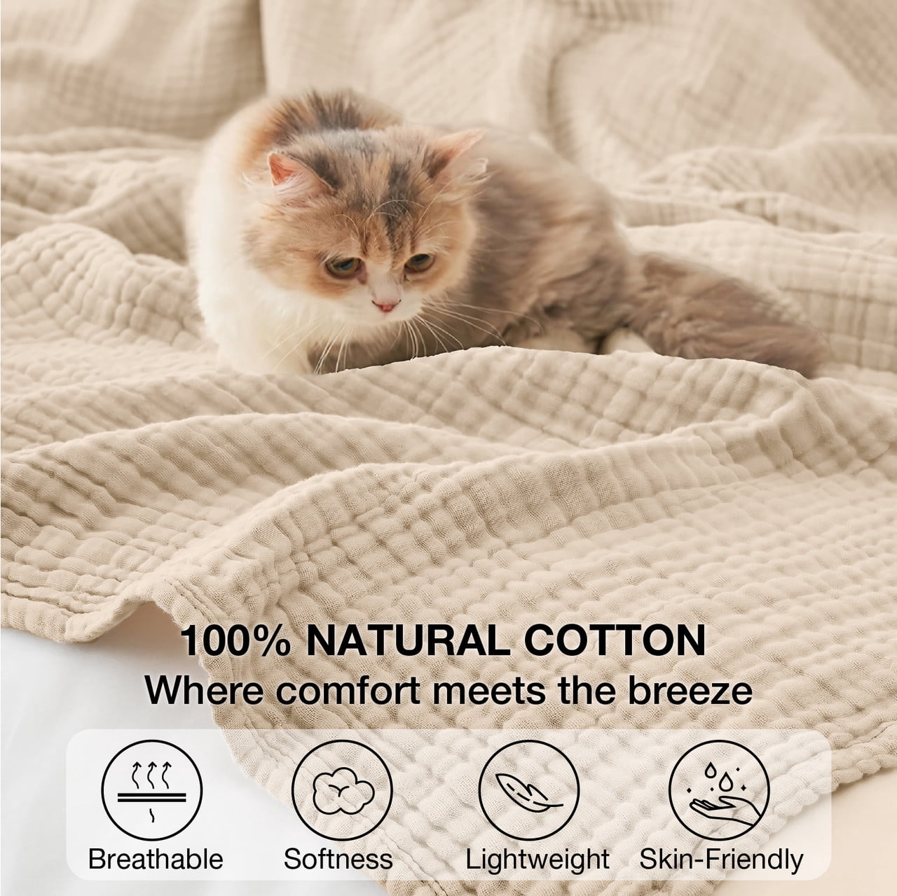 100% Cotton Muslin Blanket 50"x 70", 6 Layers Lightweight and Breathable Throw Blankets for Couch, Soft Cooling Gauze Blanket for Adults All Season, Linen Beige