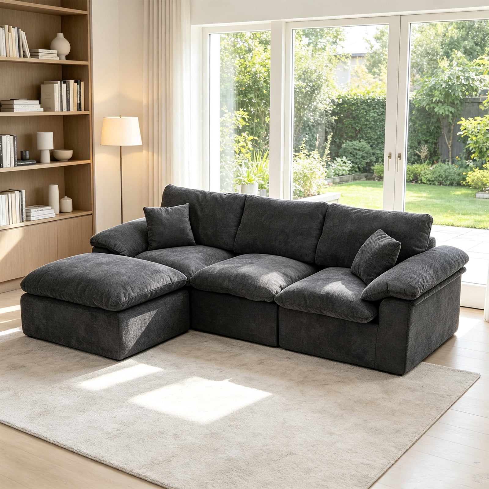 Aisword 102.3" Modular Sectional Sofa,Oversized Cloud Couch with Movable Ottoman,L-Shaped Convertible Boneless Sofa,Deep Seat Chenille Sectional Couch for Living Room,Black