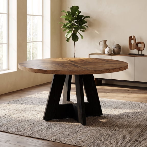 Fnova 47" Coffee Table, Round Dining Table for 4 People, Modern Farmhouse Wooden Kitchen Table, Living Room, Rustic Dark Oak‑Brown (Chairs Not Included)