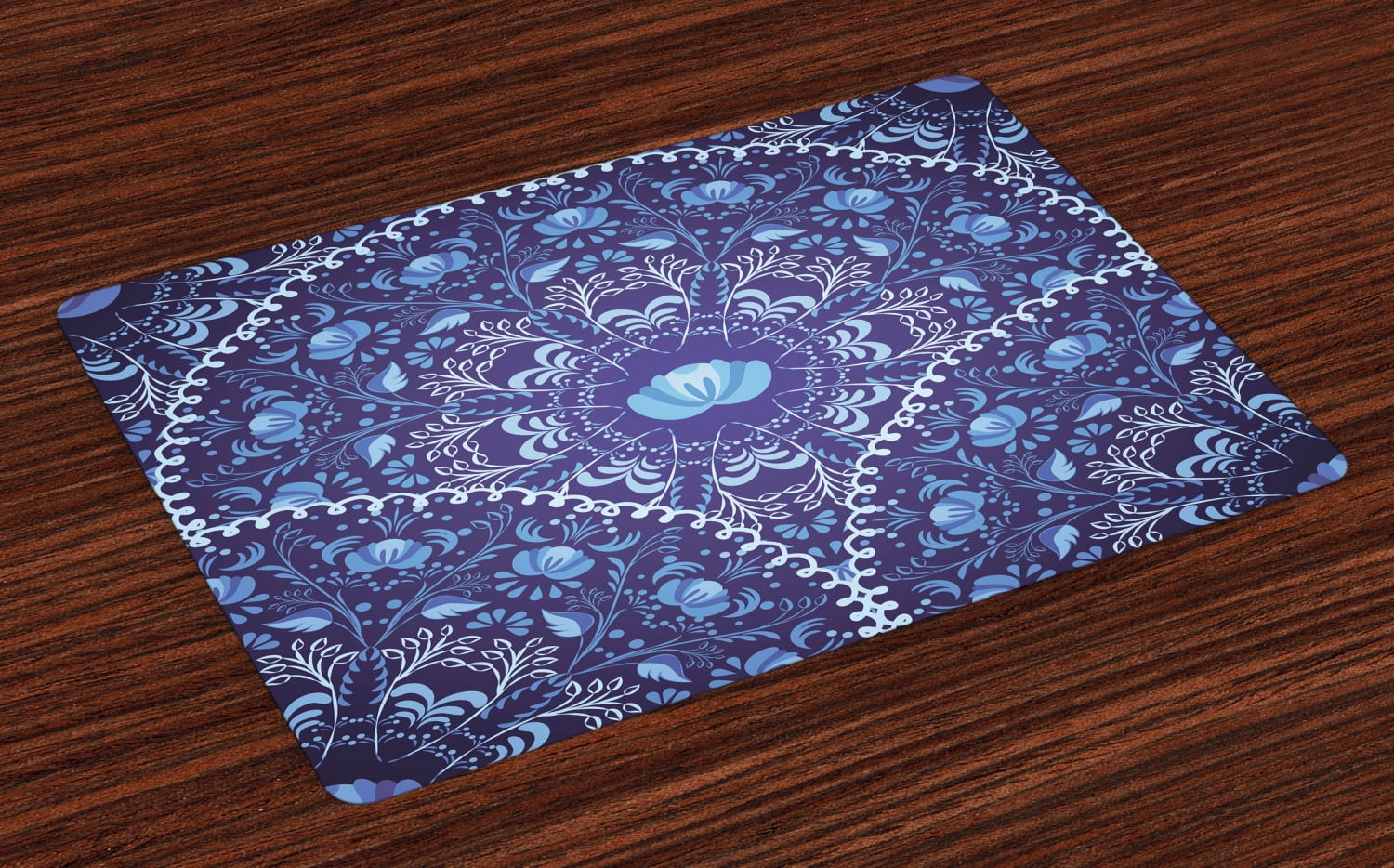 Navy Blue Placemats Set of 4 Circular and Floral alike Oriental Style