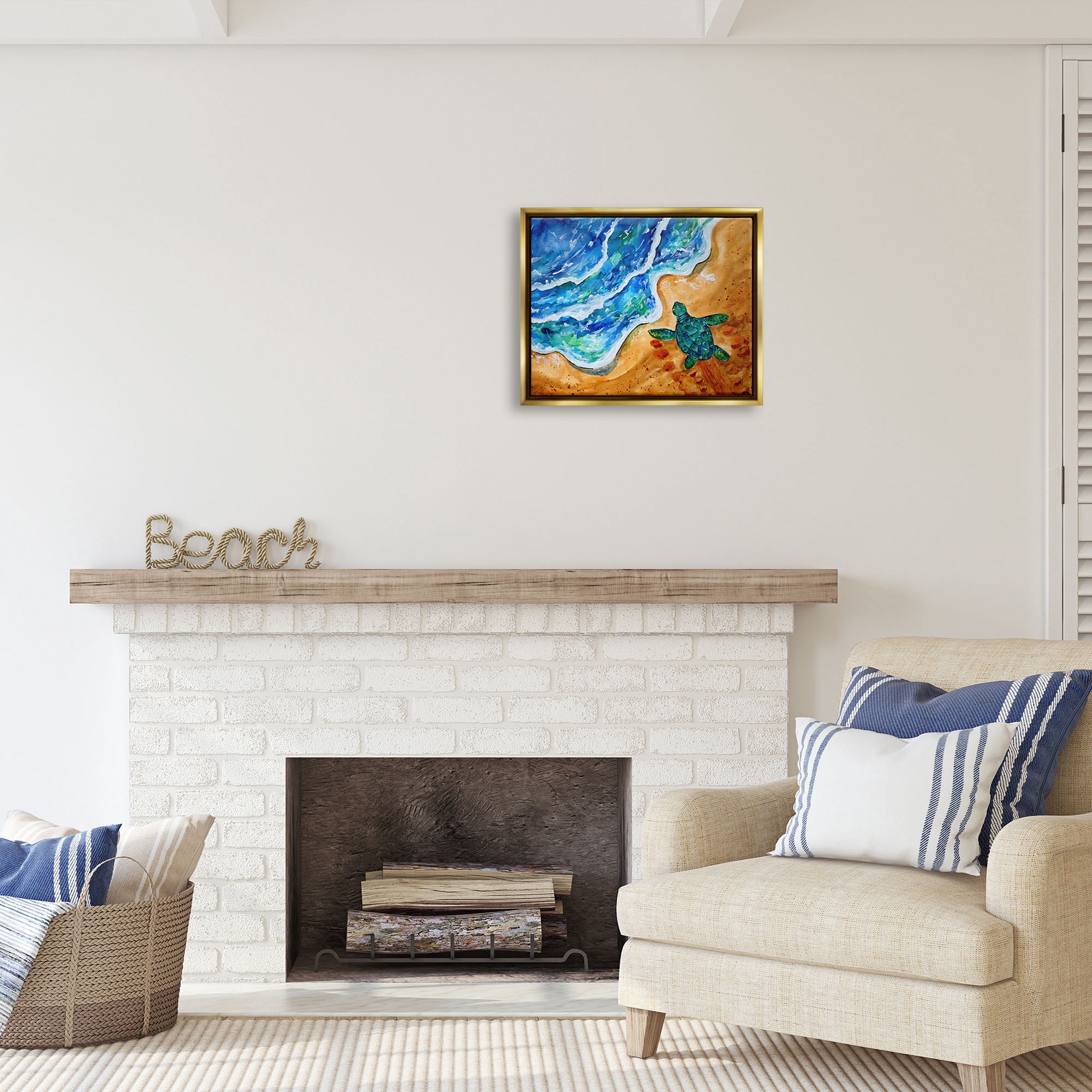 Stupell Industries Abstract Turtle on Shore Animals & Insects Painting Gold Floater Framed Art Print Wall Art, 21 x 17