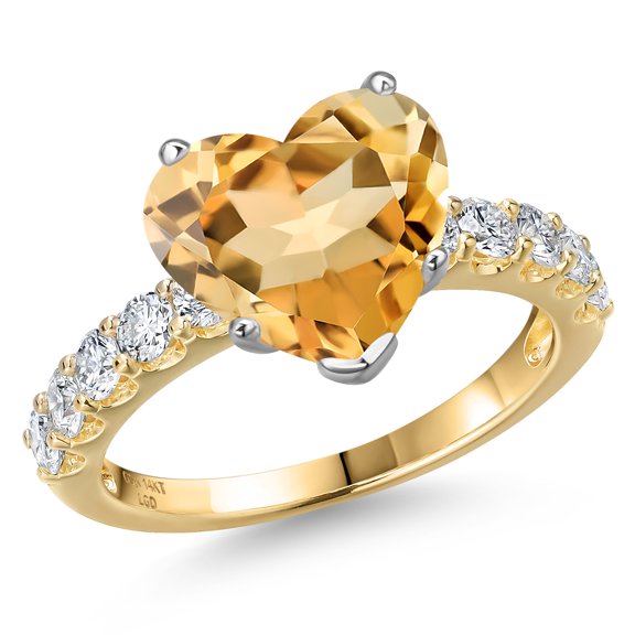 Gem Stone King 14K Two Tone Gold Yellow Citrine and Lab Grown Diamond Engagement Ring for Women | 3.90 Cttw | Heart Shape 10MM | Gemstone November Birthstone | Size 8