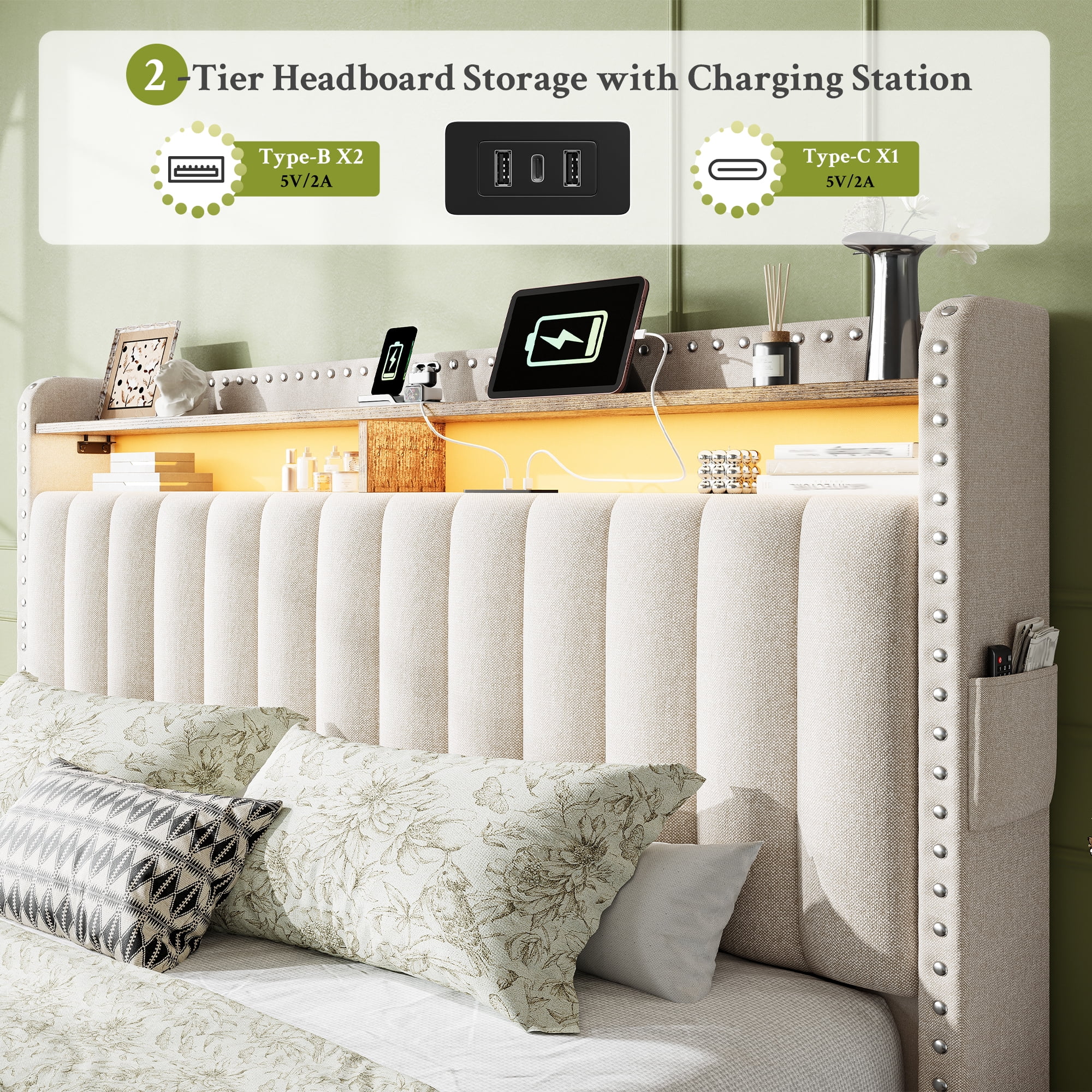 Queen Size Bed Frame with 2 Storage Drawers Upholstered Bed Frame with 2-Tier Storage Headboard & Charge Station & LED Light,Beige