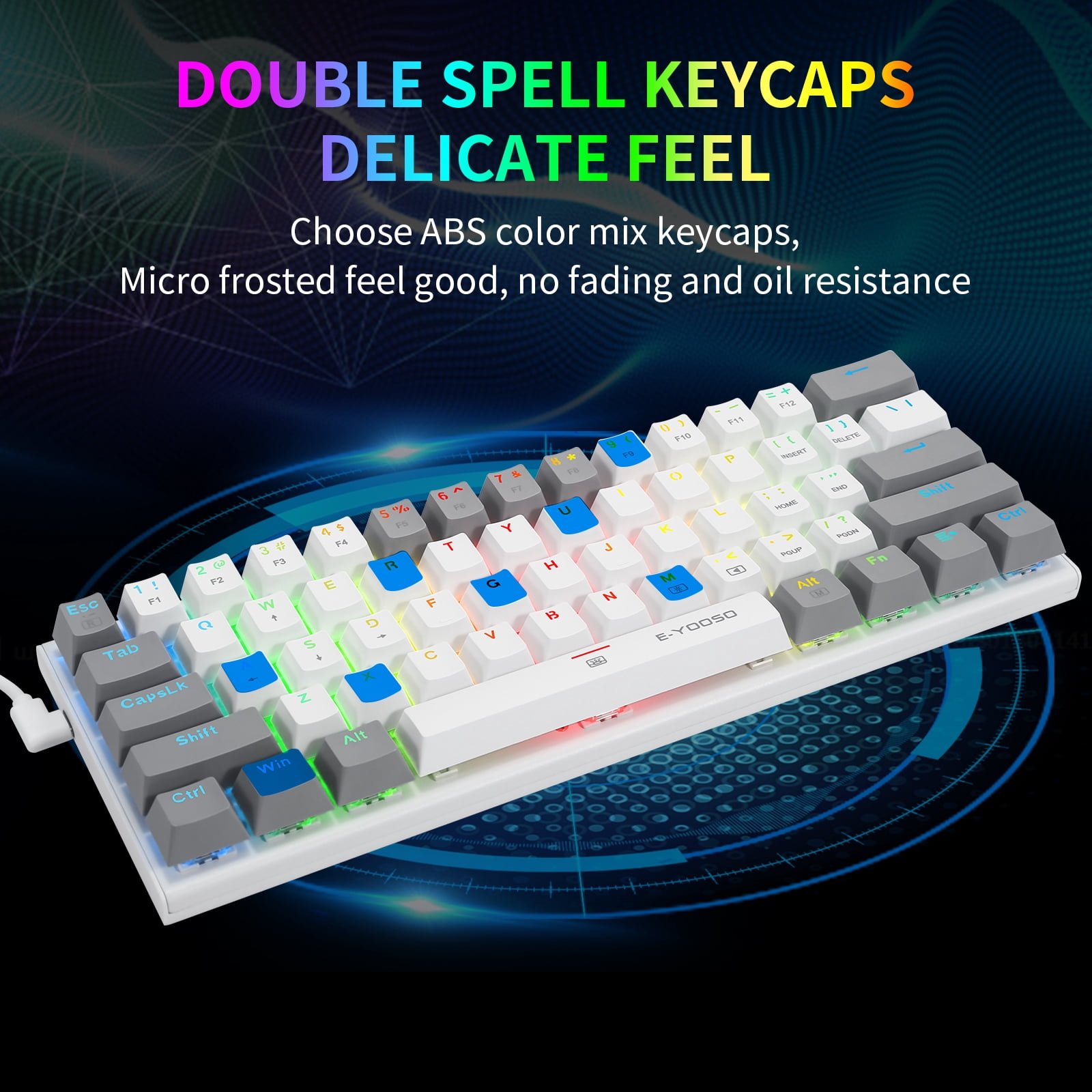 60% Wired Mechanical Gaming Keyboard, E-YOOSO RGB Backlit Ultra-Compact 61 Keys Hot Swappable Mini Waterproof Wired Office Keyboard with Blue Switches for Windows, Mac OS Gamers (White Grey)
