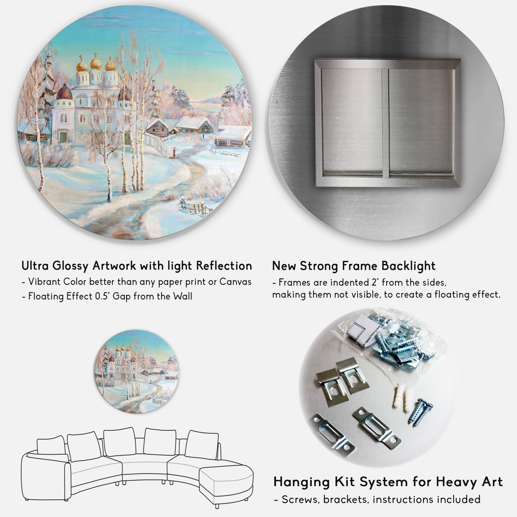 Designart 'Temple Over Country Road In Winter Landscape' Traditional Circle Metal Wall Art 11x11 - Disc of 11