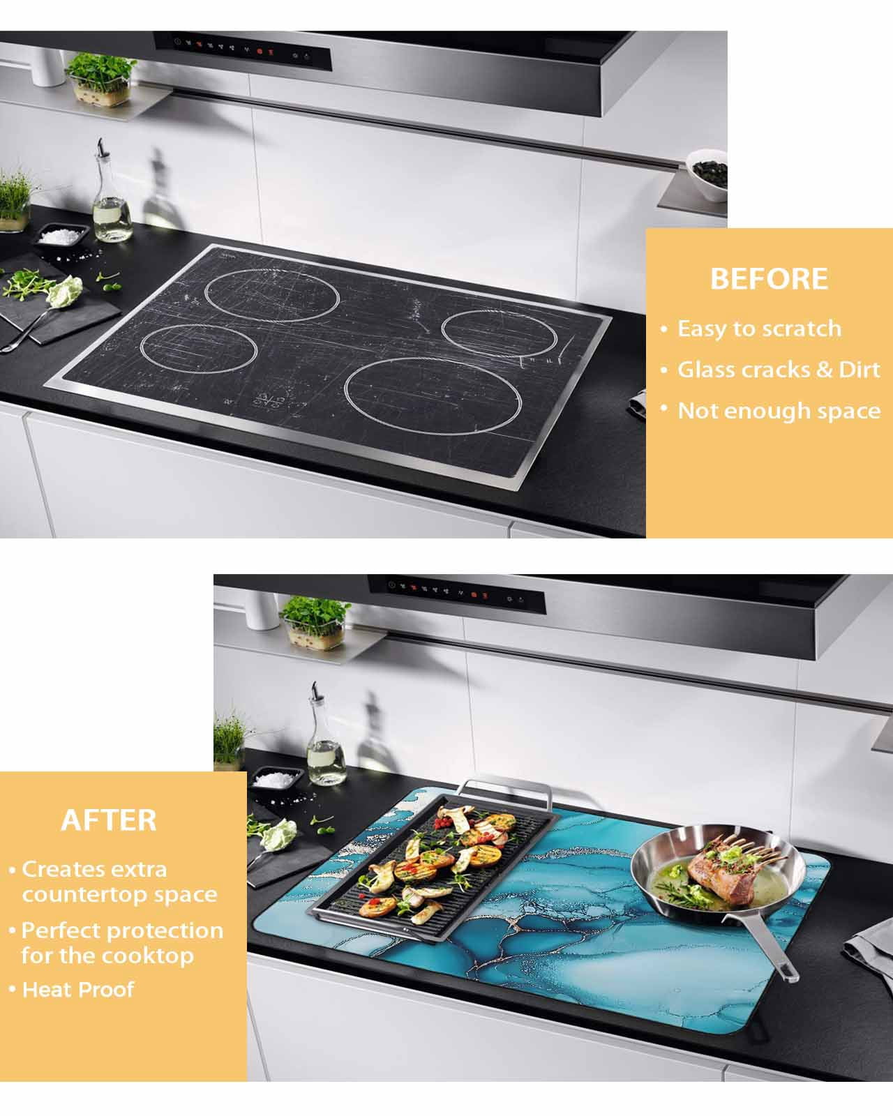 nqOlkjepod Large Induction Cooktop Protector Mat 36"x21", Turquoise Marble Stove Top Covers for Electric Stove, Teal Grey Modern Geometric Decorative Stove Burner Cover Mats, Glass Top Stove Cover