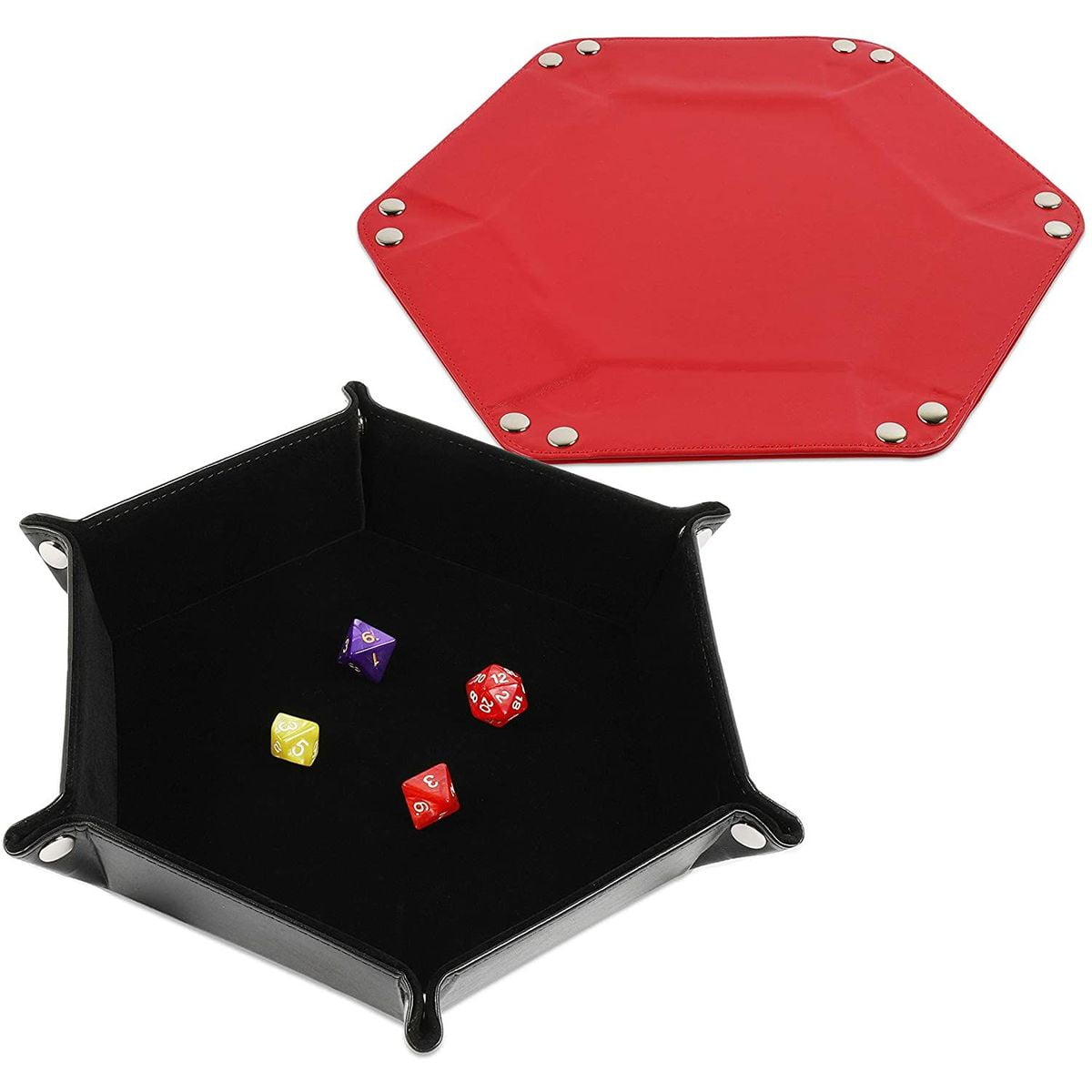 2 Pack Leather Dice Rolling Tray for Kids Board Game & Cards Game, Foldable Hexagon Velvet Holder Trays, Black & Red