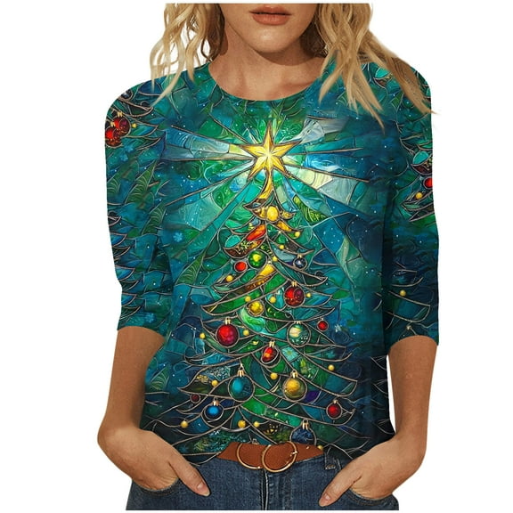 Turilly Women's Graphic Blouses Christmas Tree Printed 3/4 Sleeve Crewneck Pullover Fashionable Top