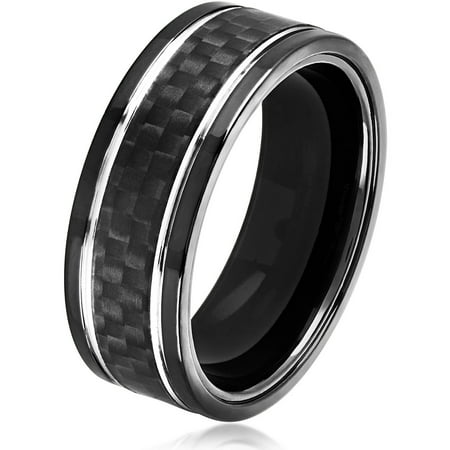 Crucible Black IP Stainless Steel Carbon Fiber Silver Grooved Comfort Fit Ring (8mm)