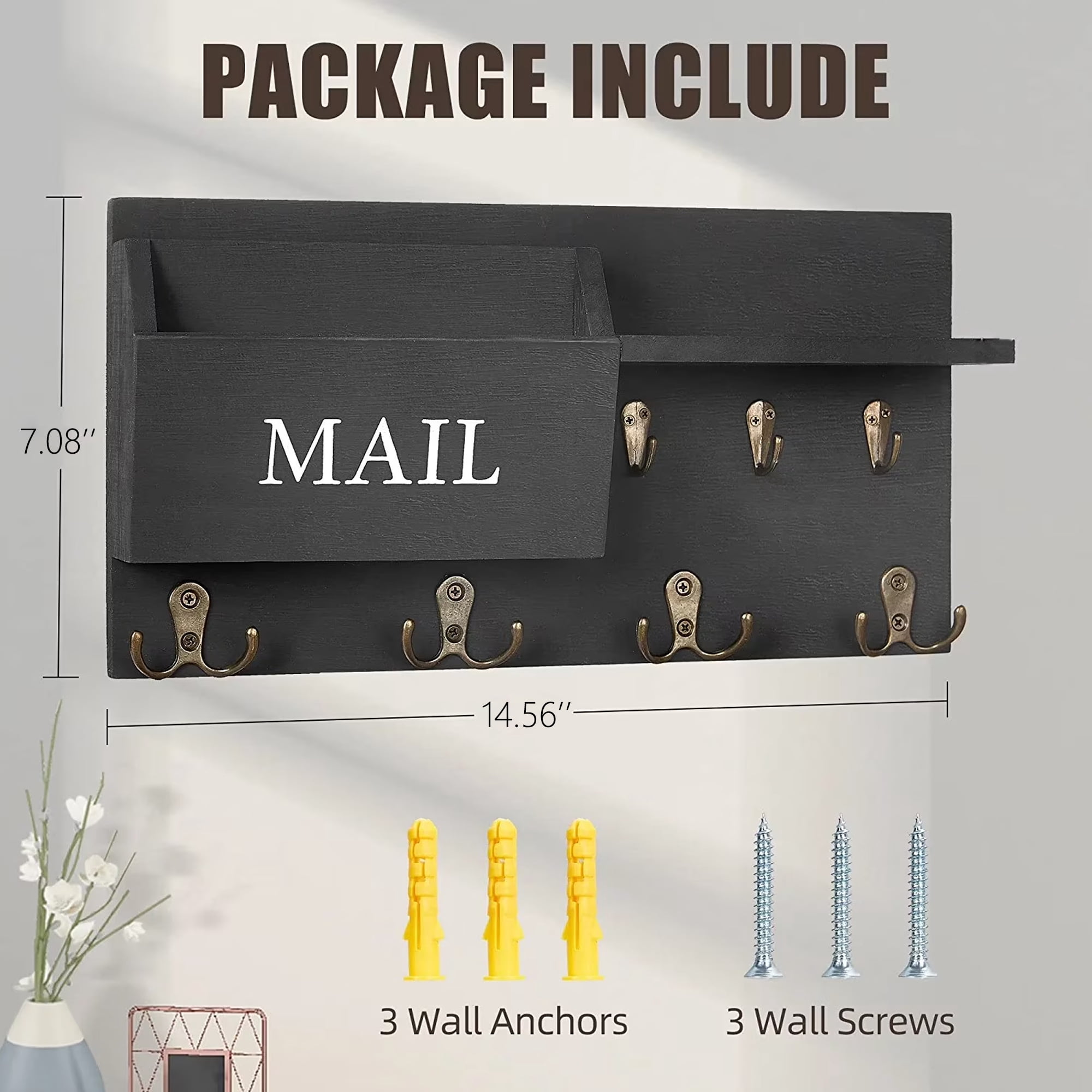 BUSATIA Key Holder for Wall, Rustic Wood Mail Organizer with