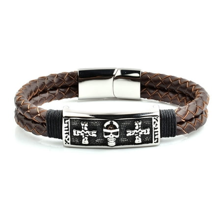 Antiqued Stainless Steel Skull ID Brown Braided Leather Bracelet (13.5mm Wide), 8.5