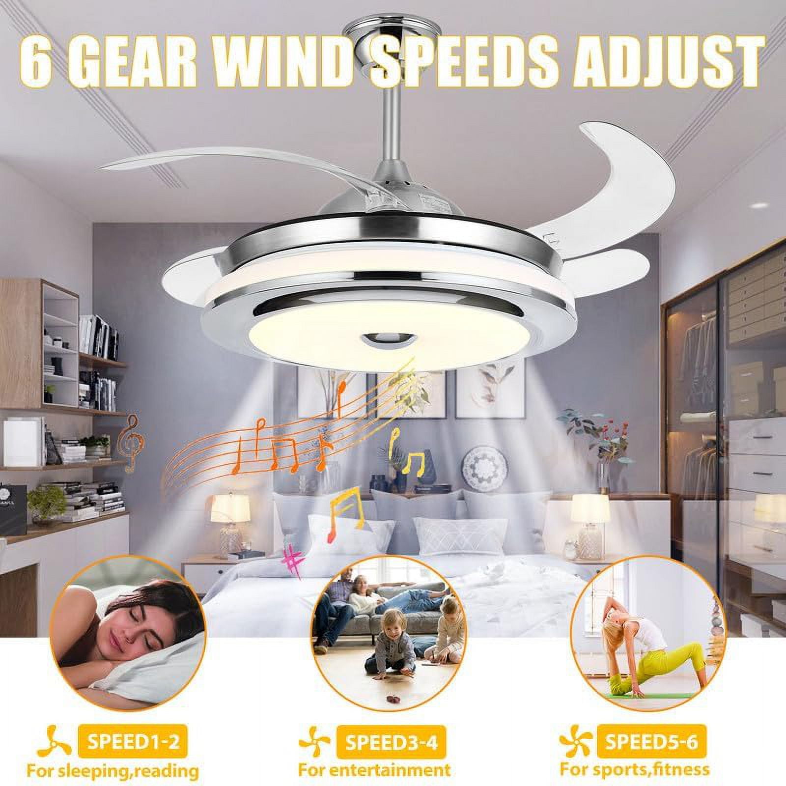 Datingday 42'' Reversible Bluetooth Ceiling Fan with Light and Speaker, LED Dimmable Fandelier Ceiling Fan Light with Remote Control Retractable Invisible Music Player Chandelier for Living Room