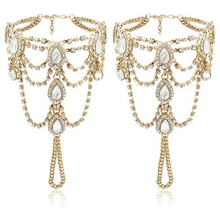 

Bienvenu 2 PCS Crystal Beach Wedding Foot Jewelry Barefoot Sandals Toe Ring Boho Anklet with Multi Tassel Golden
