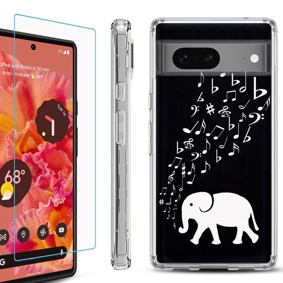 Shockproof Bumper Phone Case for Google Pixel 7, with Tempered Glass Screen Protector, by OneToughShield ® - Elephant Music