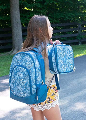 Class Collections Reinforced and Water Resistant Padded Laptop School Backpack and Insulated Soft Cooler Lunch Bag Set, Blue Paisley