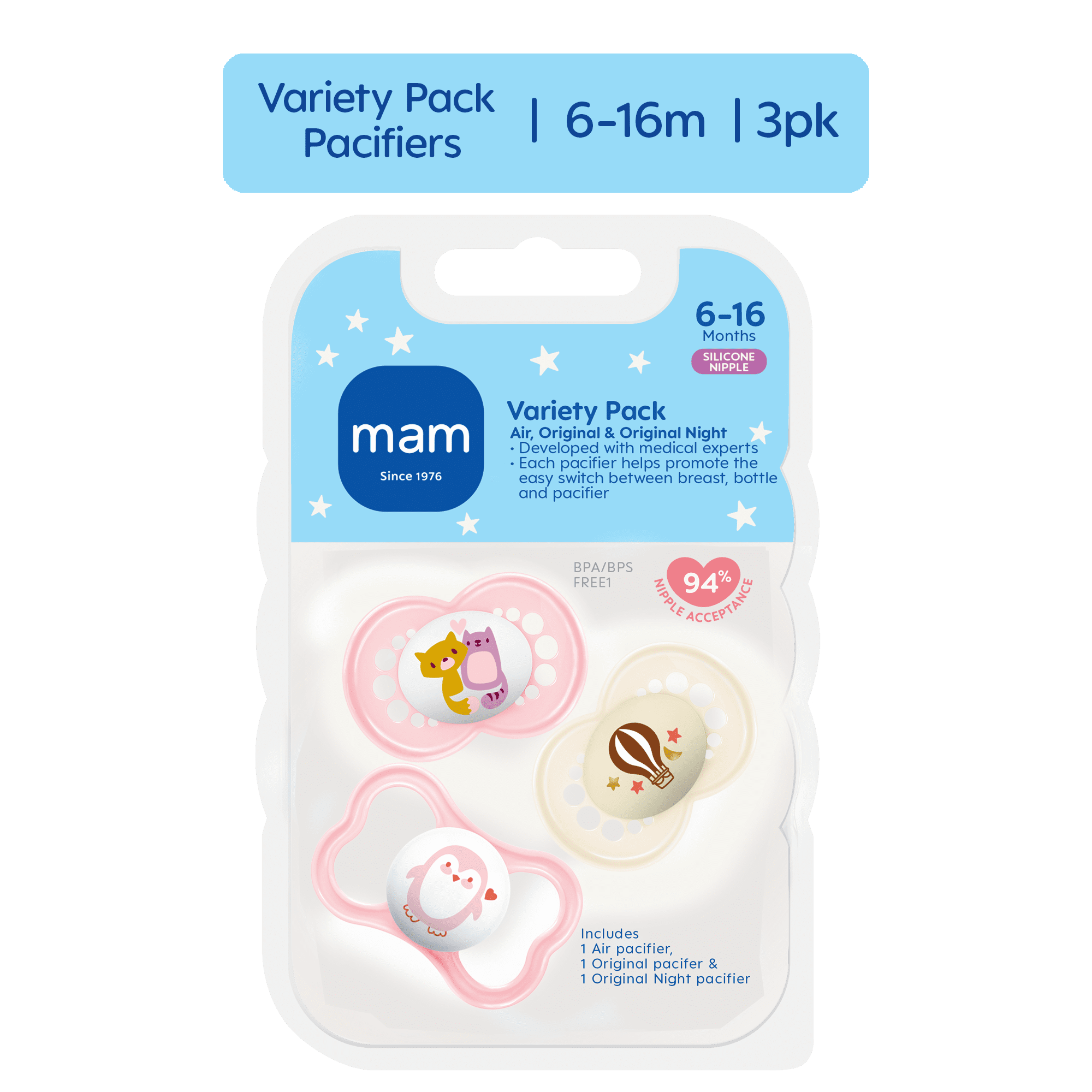 MAM Variety Pack Pacifier, 6+ months, Girl, 3 Pack