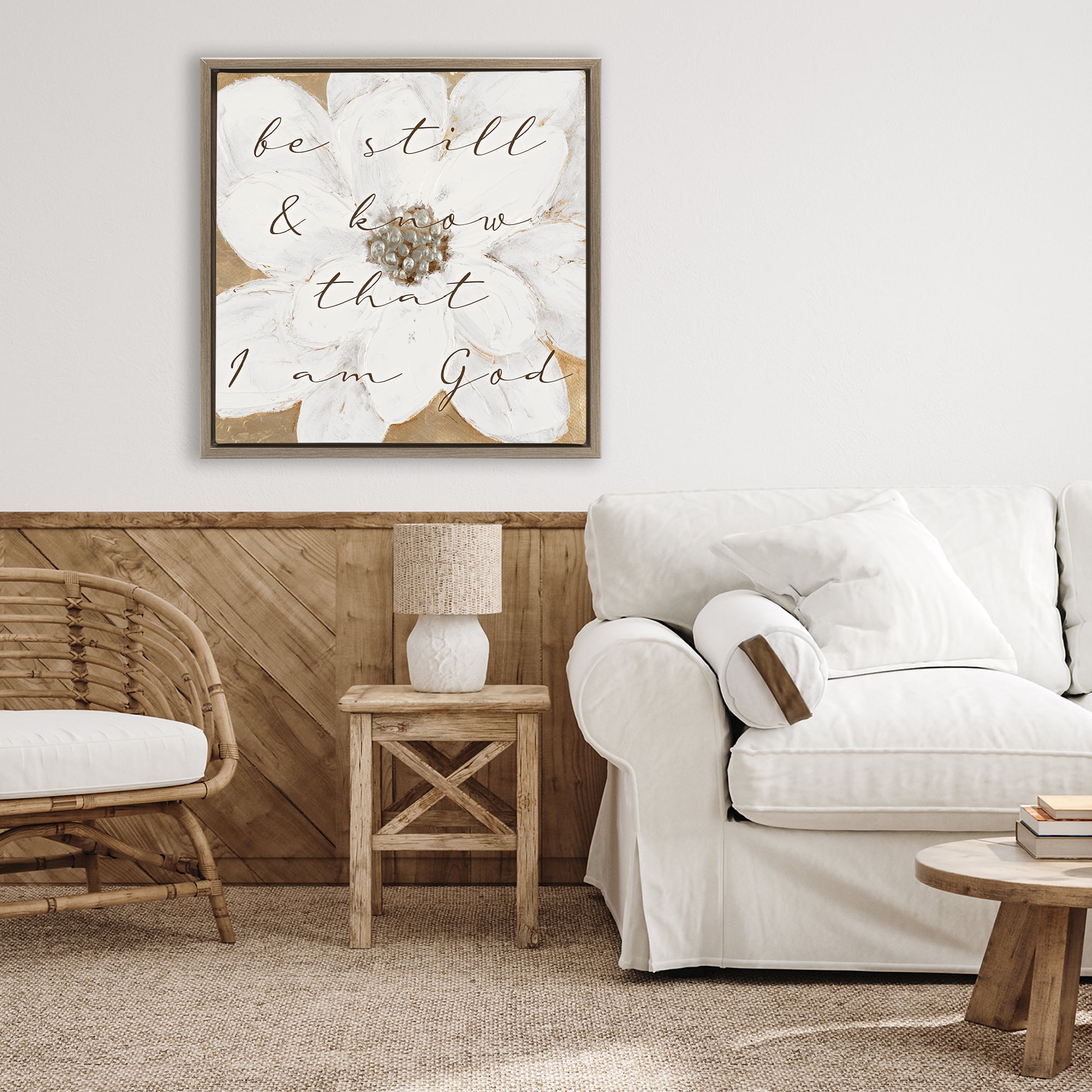 Stupell Industries Be Still with White Magnolia Brown Framed Floater Canvas Wall Art, design by Lanie Loreth