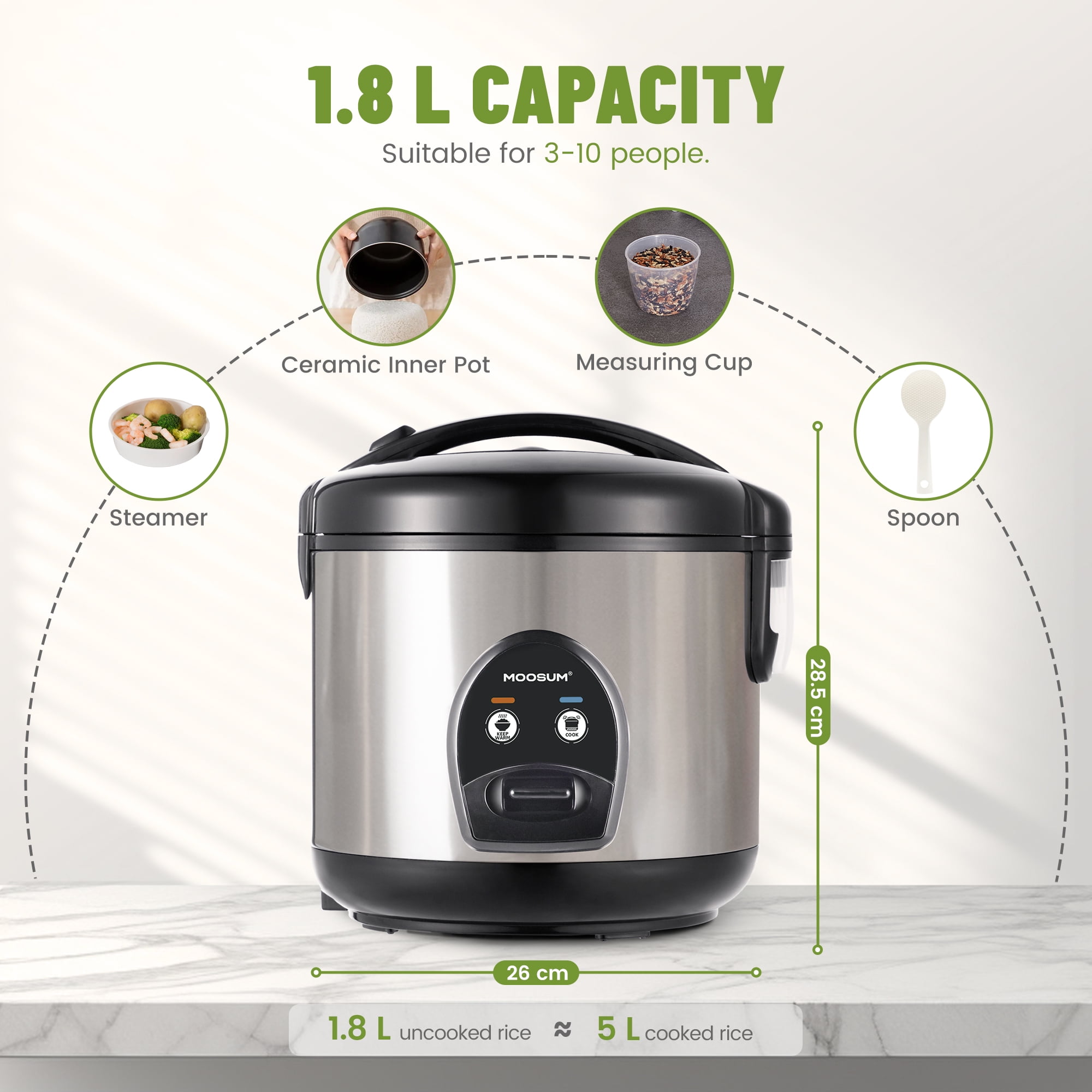 Moosum Rice Cooker Maker 10-Cup(Uncooked) with Steamer, Ceramic coating, BPA Free, Large capacity, Stainless Steel