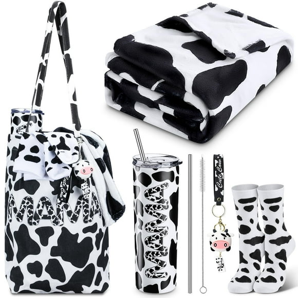 Yaomiao 5 Pcs Cow Gifts Sets for Women Mom Including 20 oz Cow Pattern Stainless Steel Tumbler with Lid Straw Cow Tote Bag Cow Warm Throw Blanket Keychain Cotton Animal P