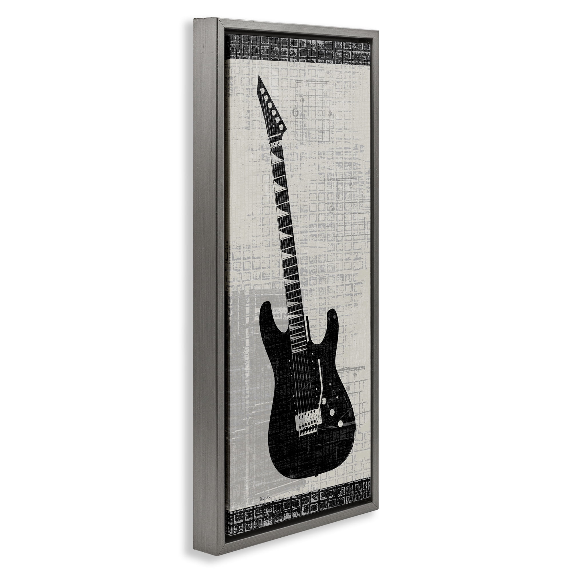 Stupell Industries Patterned Electric Guitar Performing Arts Painting Gray Floater Framed Art Print Wall Art, 11 x 25