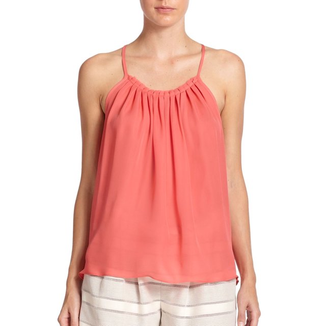 $285 RAMY BROOK Olivia Pleated SILK Tank Top DISTRESS TRIMS SPICY BLUSH ( M )