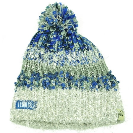 - Tennessee State Womens Knit Beanie Crochet Pom Pom Sequin Fuzzy Blue Gray Striped